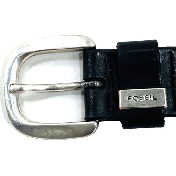 Fossil Vtg Logo Belt Skinny Black Leather Silver M L Unisex fits 31-35.5 waist - Picture 1 of 13
